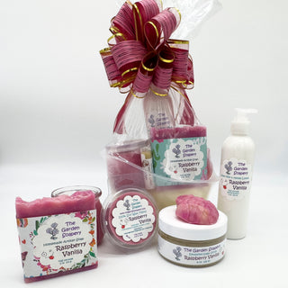 Full handmade gift set with soap, lotion, candle, scrub and bath bomb in Raspberry Vanilla by The Garden Soapery