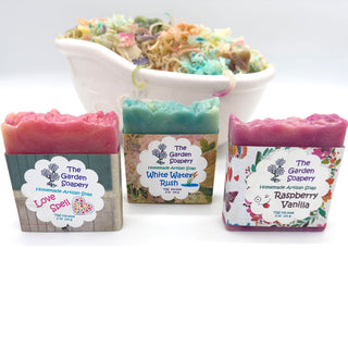 Homemade artisan soap bars Love Spell, White Water and Raspberry Vanilla by The Garden Soapery - gentle handmade soap for sensitive skin